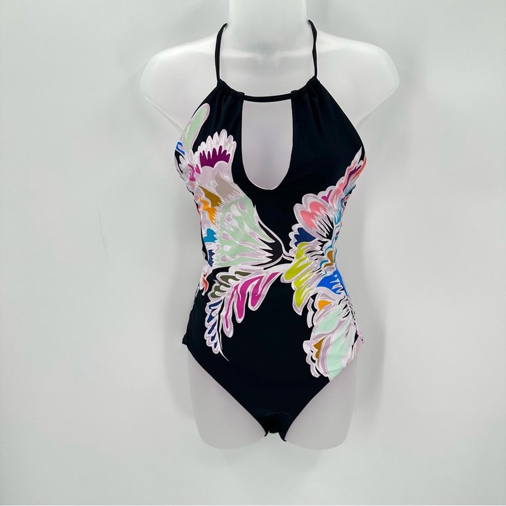 Trina Turk Swimsuit Seychelles Print Black No Size Tag Halter 1 Pc Low Back READ
